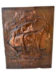 Mid Century Copper On Wood Engraved Sailing Ship Art
