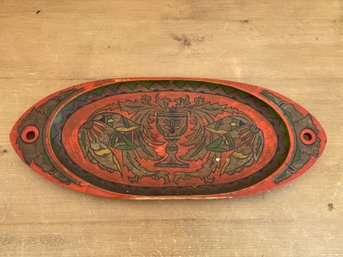 Antique USSR Russian Folk Art Hand-painted Wooden Platter Tray 20' Long 8-1/2' Wide