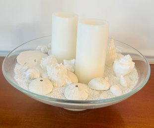 2 Candles, Seashells And Sand In A Glass Bowl