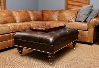 Cocoa Tufted Leather Ottoman With Nailheads Plus A Wooden Serving Tray With Handles