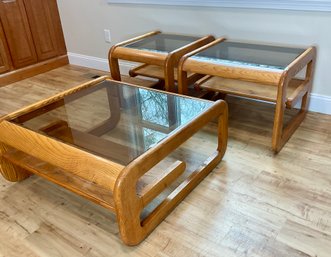 Trio Of MCM Wooden And Glass Top Tables