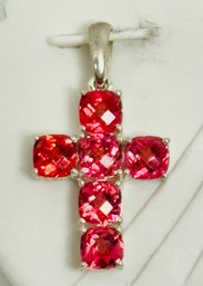 SIGNED STS STERLING SILVER ROSY PINK FACETED GEMSTONE CROSS PENDANT