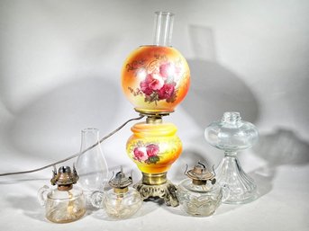 A Hand Painted Antique Oil Lamp And More Lamp Parts