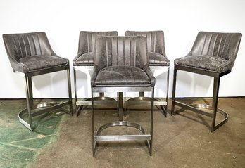 A Set Of 5 Designer Leather And Chrome Bar Stools By Four Hands
