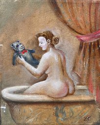 Russian Oil On Canvas, Nude In Tub With Teddy Bear, Signed ZC