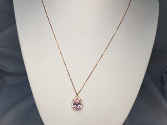 Fabulous 925 / Sterling Silver With 14K Pink Gold Overlay Necklace With Pink Tourmaline Pendant & Accents