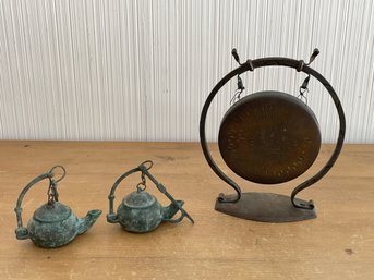 Gong With 2 Antique Chinese  Miniature Medicinal Hanging Teapots