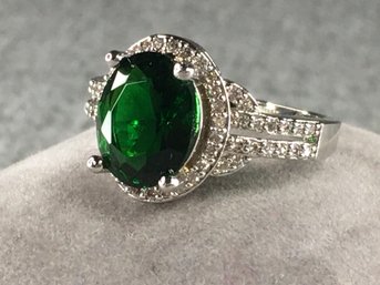 Fabulous Brand New Sterling Silver / 925 Ring With Emerald Two Rows Channel Set White Zircons - WOW !