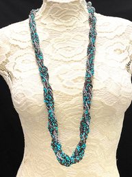 Chico's Multistrand Multicolor Braided Seed Bead Necklace - Turquoise & Silvertone