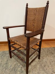 Antique Shaker Style Arm Chair With Wicker Weaved Seat And Back.