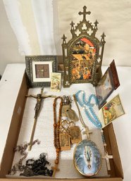 Huge Collection Of Religious Items- Cards,  Rosary Beads, Chains, Music Box, Statue, Frames.       212-D5