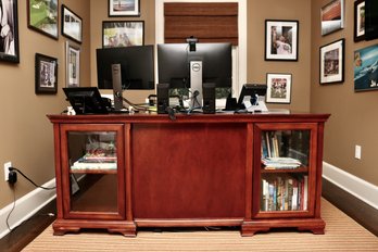 Classic Mahogany Finish Wood Executive Desk With Glass-Front Cabinetry