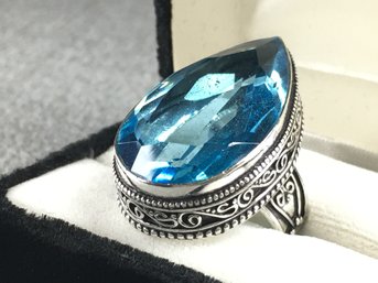 Fantastic Large Sterling Silver / 925  Cocktail Ring With Light Blue Topaz - Lovely Filigree Wire Work !