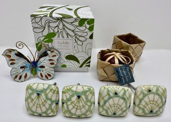 Set Ceramic Knobs, Angkor Balm, New In Box LaJolie Candle & Metal Butterfly