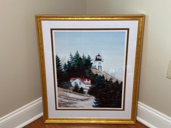 Listed Maine Artist MH Jacobs Light House Water Color Framed Print
