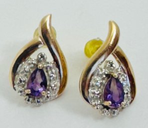 GOLD OVER STERLING SILVER AMETHYST AND WHITE STONE EARRINGS