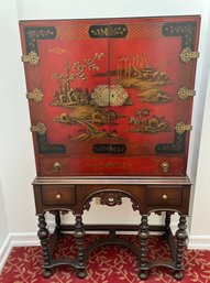 Chinese Red Lacquer Painted Chest On Walnut Stand