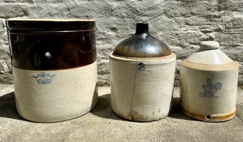 Vintage Heavy Stoneware:  Robinson Ransbottom Crock, Covered Moonshine Jug & Chicken Feeder