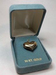 Vintage But Never Used 14K Yellow Gold Puffed Heart Pendant Or Charm For Bracelet - Very Nice Vintage Piece