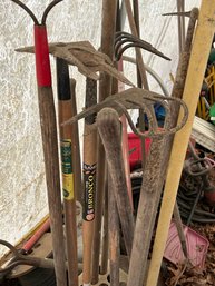 Collection Of Vintage Rakes, Tools And Shovels