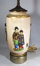 Large Antique 1920s Japanese Moriage Satsuma Vase Lamp Base W Figures