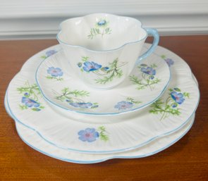 Shelley Fine Bone Chine Blue Poppy Teacup, Saucer, 2 Dessert Plates