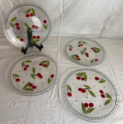 Four Glass Plates With Cherries