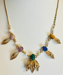 VINTAGE 12K GOLD-FILLED MULTI STONE CARVED SCARAB AND PEARL NECKLACE