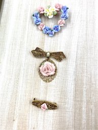 Trio Of Brooches W/ Ceramic Floral Detail