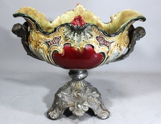 Antique 19th Century Cast Spelter Angles Lion Heads Majolica Compote