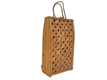 Vintage Wine Tote Of Woven Wood With Brass Clasp & Twisted Rope Handles