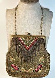 Beautiful Gold Thread Antique French Embroidered Purse Jeweled Clasp