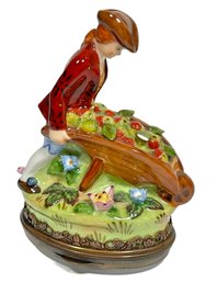 Fantastic Staffordshire Enamels Porcelain Patch Box Man With Wheelbarrow