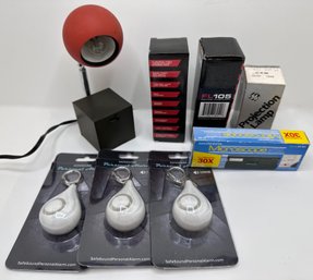 Mini Vintage Lightolier Desk Lamp, New In Box Flashlights, Microscope, Projector Bulb & 3 Safe Sound Alarms