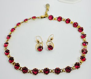 VINTAGE SIGNED BAL-RON 12K GOLD-FILLED PINKISH RED RHINESTONE NECKLACE AND EARRINGS