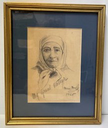 Vintage 1925 Framed Small Pencil Drawing Sketch - My Grandmother Norman Maroff - Wearing A Scarf -  8.25x10.25
