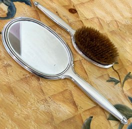 An Antique Sterling Silver Hand Mirror And Brush Set, Monogrammed