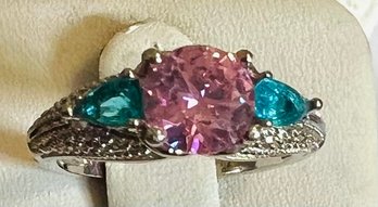 VINTAGE STERLING SILVER PINK & BLUE STONE RING