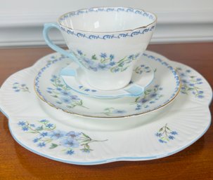 Shelley Teacup, Saucer, Dessert Plate. Ashtray, Blue/purple Flowers