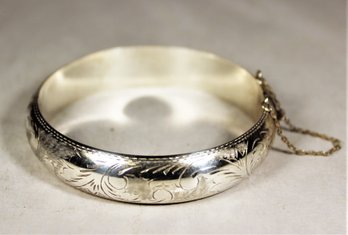 Wide Sterling Silver Floral Engraved Hinged Bangle Bracelet