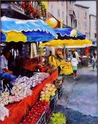 Signed Anne Chaddock Oil On Canvas Painting Depicting Fruit Stand On A Street