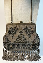 Victorian Glass Beaded Purse W Awesome Fringe Black And White Micro Glass Beads