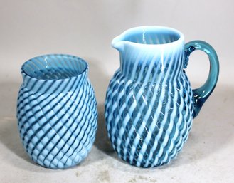 Blue Opalescent Spiral Optic Creamer And Sugar Bowl