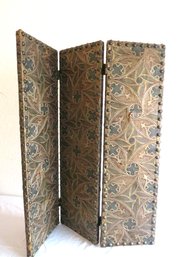 Antique 3 Panel Screen With Nail Heads And Grass Cloth Backing