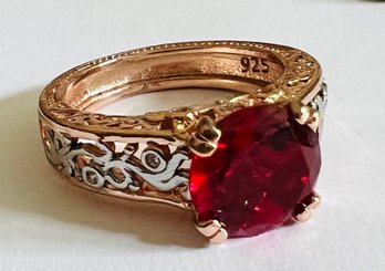 PRETTY ROSE GOLD OVER STERLING SILVER RED & WHITE CZ STONE RING