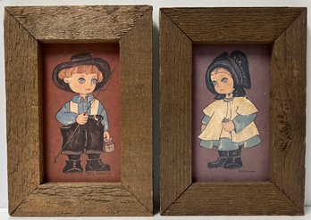 Vintage Pair 1960s 1970s Framed Prints - Amish Children - Dolores Hackenberger - Rustic - Big Blue Eyes - 8x11