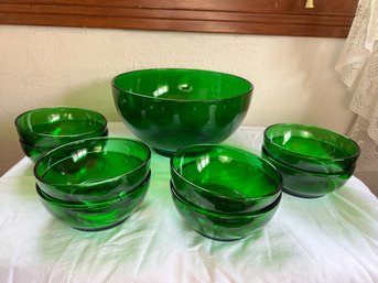 Emerald Glass Midcentury Salad Set With Service For Eight