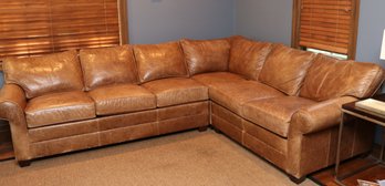 Ethan Allan Distressed 6-seat Cushion Leather Caramel Club Room Style Sectional Sofa With Rolled Arms