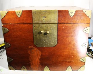 Antique Chinese Wood Brass Bound Box Having Paper Lining With Characters