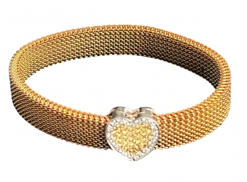 18K Yellow Gold 750 European Mark Stretch Mesh Bracelet With Yellow & White Diamond Heart Charm 18 Gr Weight